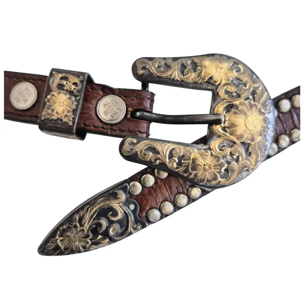 Vintage Al Beres Womens Belt Western Concho Size 42 Leather Made In USA Brown